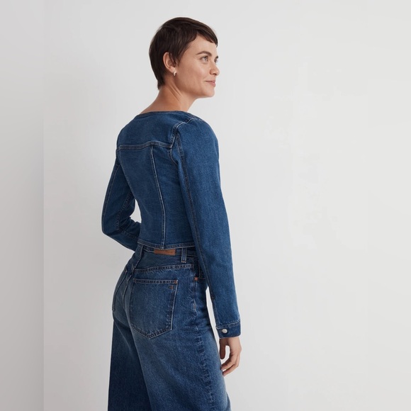 NWT Madewell Denim Square Neck Crop Long Sleeve Top in Hallwood Wash - Picture 3 of 9